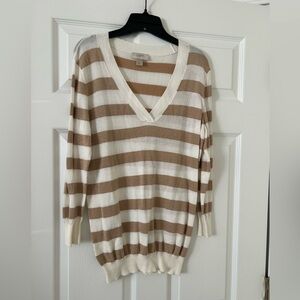 LOFT V-Neck Sweater in Cream and Gold Stripes